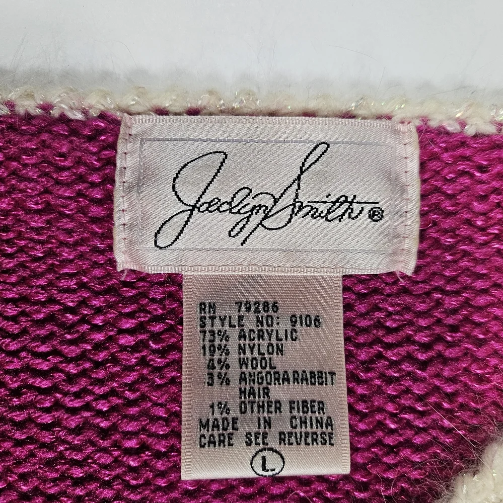 Vintage Jaclyn Smith Hot Pink White Bow Sweater Sz L Pearl Bead Granny Coquette - Picture 14 of 16